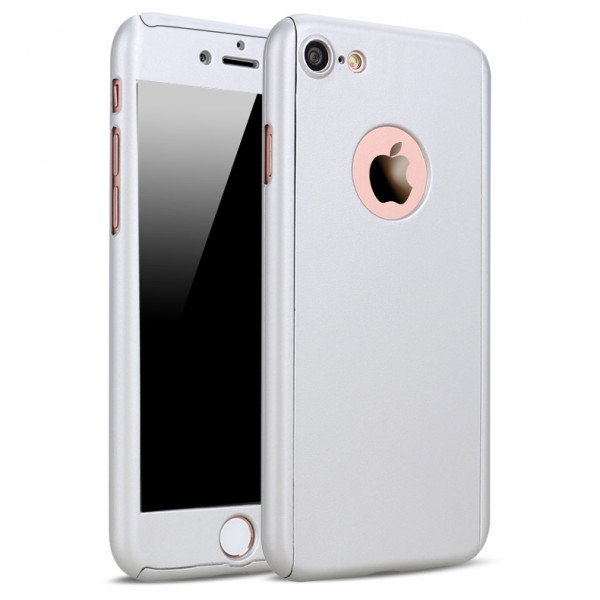 Wholesale iPhone 7 Plus Full Cover Hybrid Case with Tempered Glass (Silver)